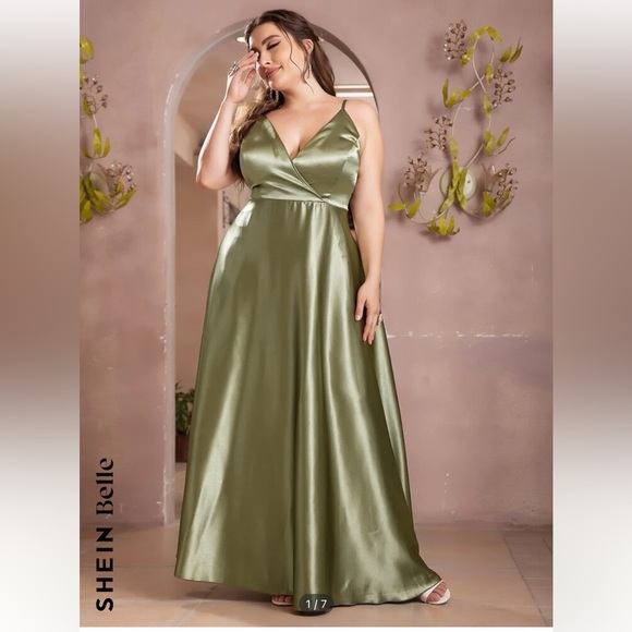 Plus Overlap Collar Satin Cami Formal Dress - Picture 2 of 4